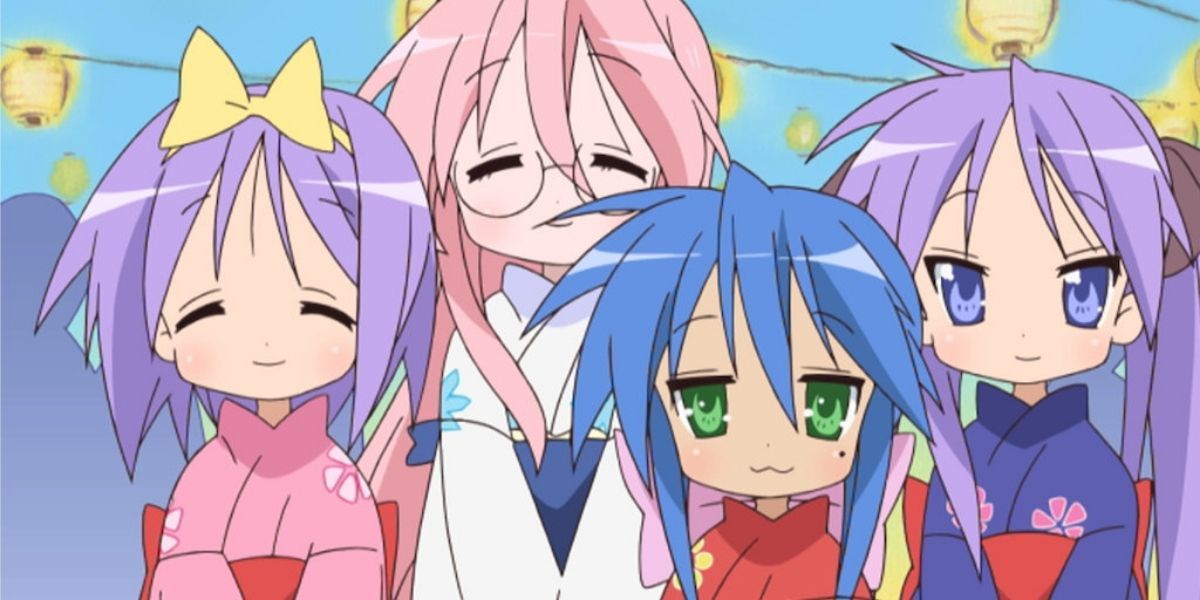 Konata, Kagami, Miyuki and Tsukasa in their New Year's kimono